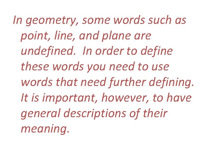 In geometry, some words such as point, line, and plane are undefined. In order