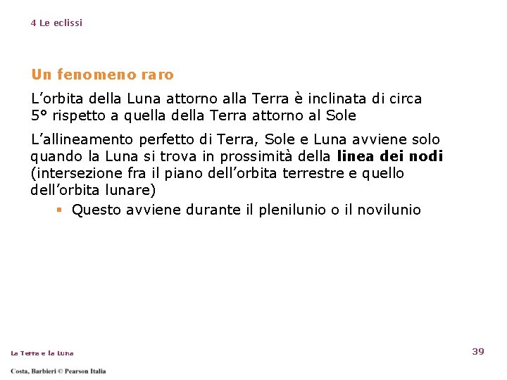 4 Le eclissi Un fenomeno raro L’orbita della Luna attorno alla Terra è inclinata 4 Le eclissi Un fenomeno raro L’orbita della Luna attorno alla Terra è inclinata