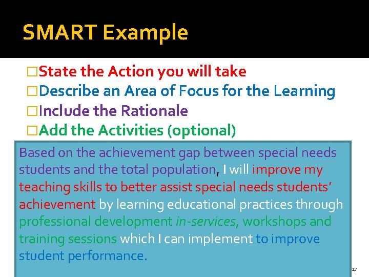 SMART Example �State the Action you will take �Describe an Area of Focus for
