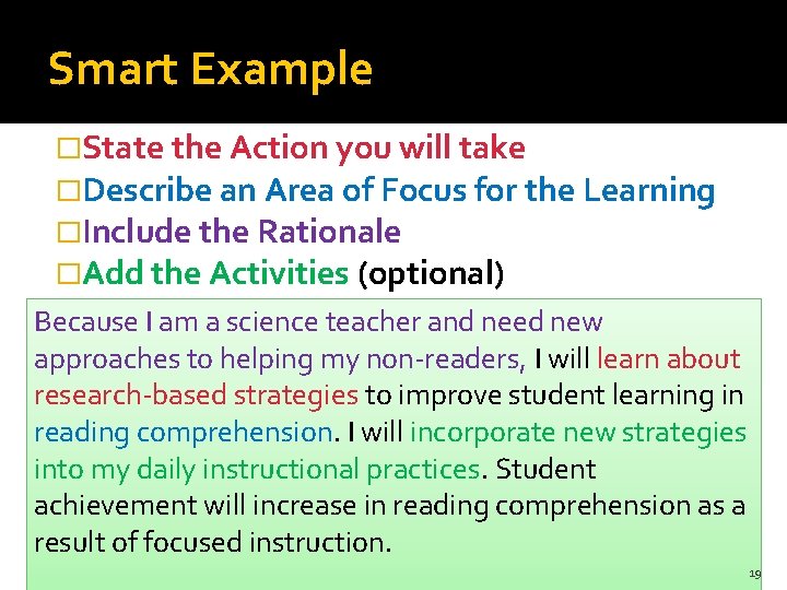 Smart Example �State the Action you will take �Describe an Area of Focus for