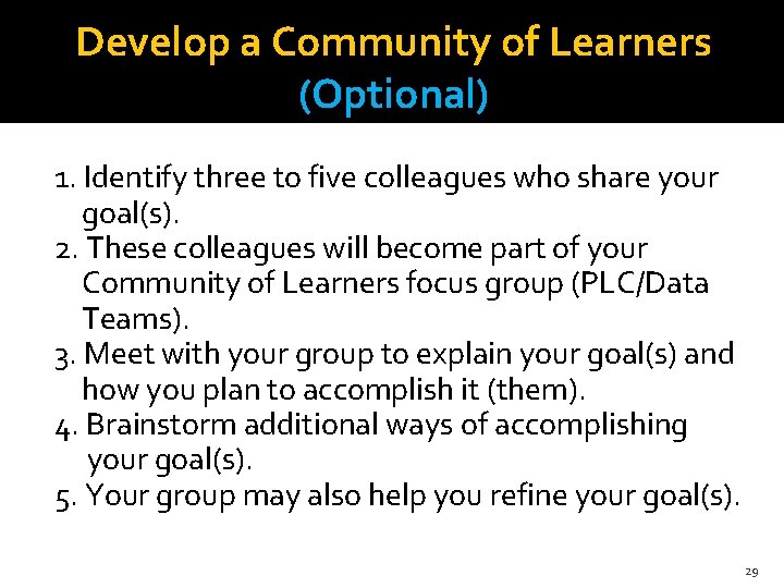 Develop a Community of Learners (Optional) 1. Identify three to five colleagues who share