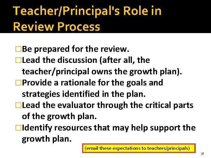 Teacher/Principal's Role in Review Process �Be prepared for the review. �Lead the discussion (after