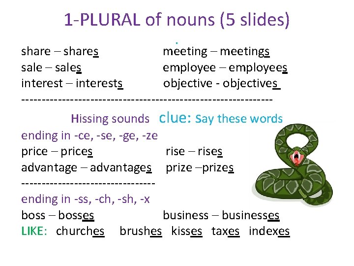 1 -PLURAL of nouns (5 slides) . share – shares meeting – meetings sale