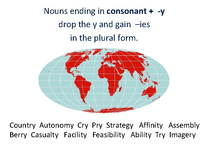 Nouns ending in consonant + -y drop the y and gain –ies in the