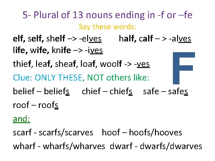 5 - Plural of 13 nouns ending in -f or –fe Say these words: