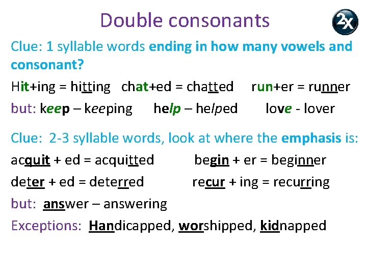 Double consonants Clue: 1 syllable words ending in how many vowels and consonant? Hit+ing