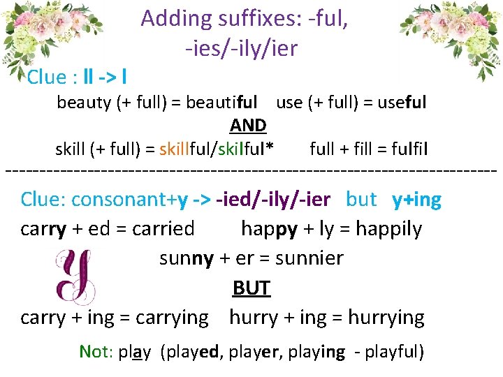 Clue : ll -> l Adding suffixes: -ful, -ies/-ily/ier beauty (+ full) = beautiful