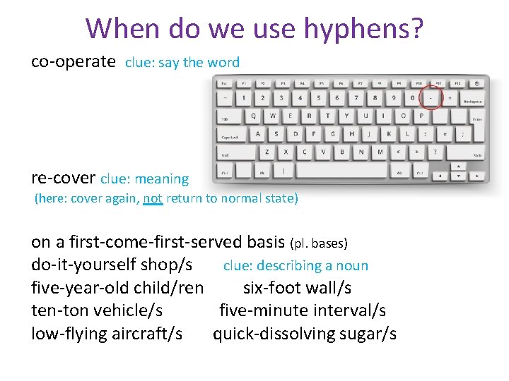 When do we use hyphens? co-operate clue: say the word re-cover clue: meaning (here: