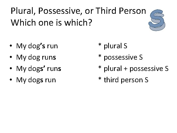 Plural, Possessive, or Third Person Which one is which? • • My dog’s run