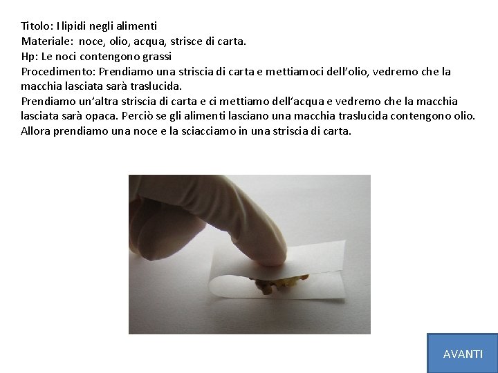 Titolo: I lipidi negli alimenti Materiale: noce, olio, acqua, strisce di carta. Hp: Le