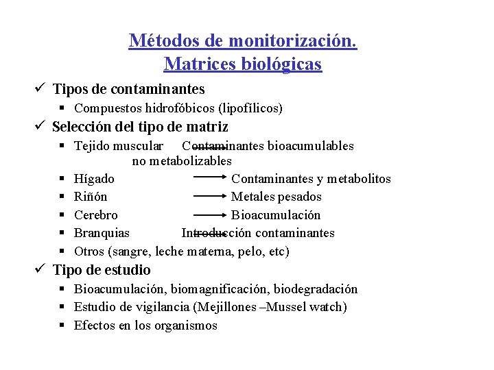 Métodos de monitorización. Matrices biológicas ü Tipos de contaminantes § Compuestos hidrofóbicos (lipofílicos) ü Métodos de monitorización. Matrices biológicas ü Tipos de contaminantes § Compuestos hidrofóbicos (lipofílicos) ü