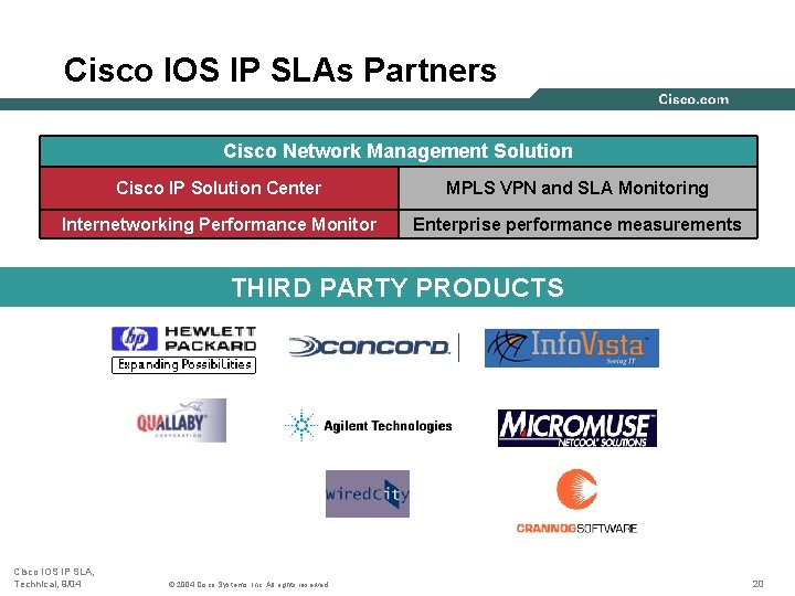 Cisco IOS IP SLAs Partners Cisco Network Management Solution Cisco IP Solution Center MPLS Cisco IOS IP SLAs Partners Cisco Network Management Solution Cisco IP Solution Center MPLS