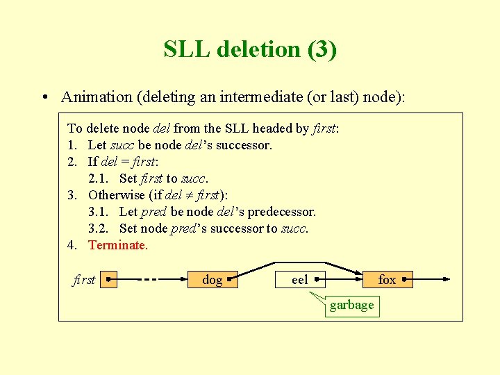 SLL deletion (3) • Animation (deleting an intermediate (or last) node): To delete node