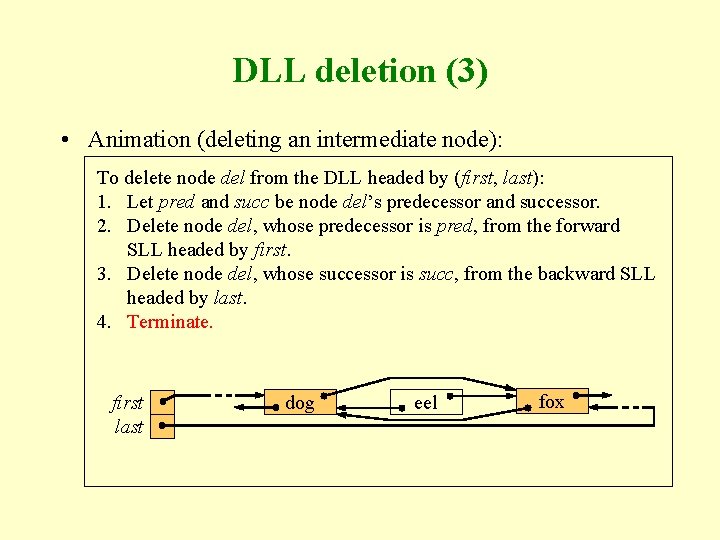 DLL deletion (3) • Animation (deleting an intermediate node): To delete node del from