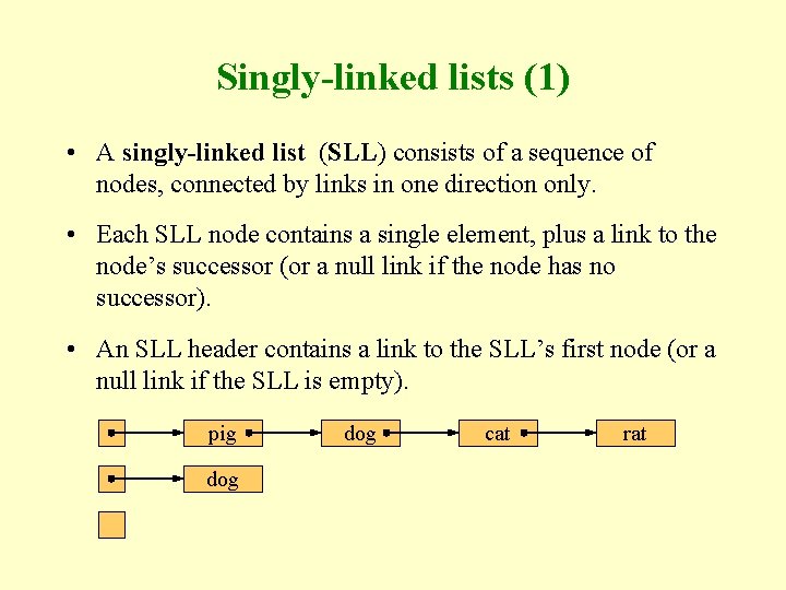 Singly-linked lists (1) • A singly-linked list (SLL) consists of a sequence of nodes,