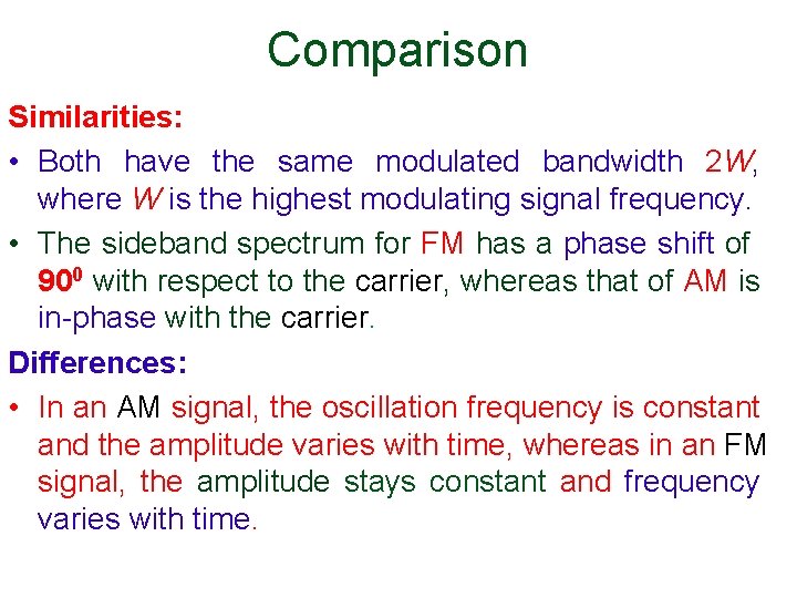 Comparison Similarities: • Both have the same modulated bandwidth 2 W, where W is