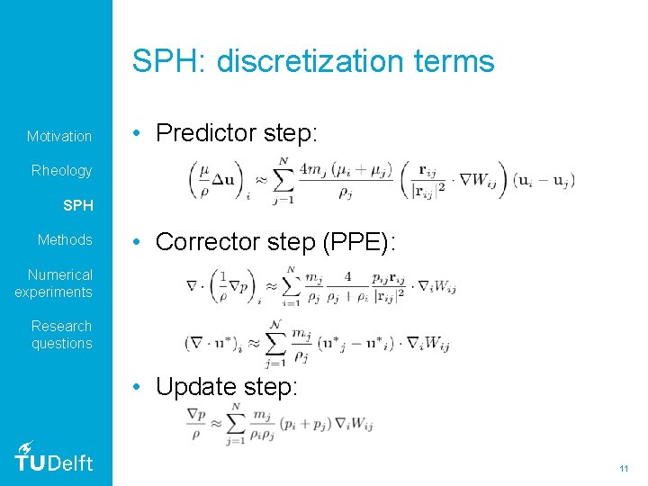 SPH: discretization terms Motivation • Predictor step: Rheology SPH Methods • Corrector step (PPE):