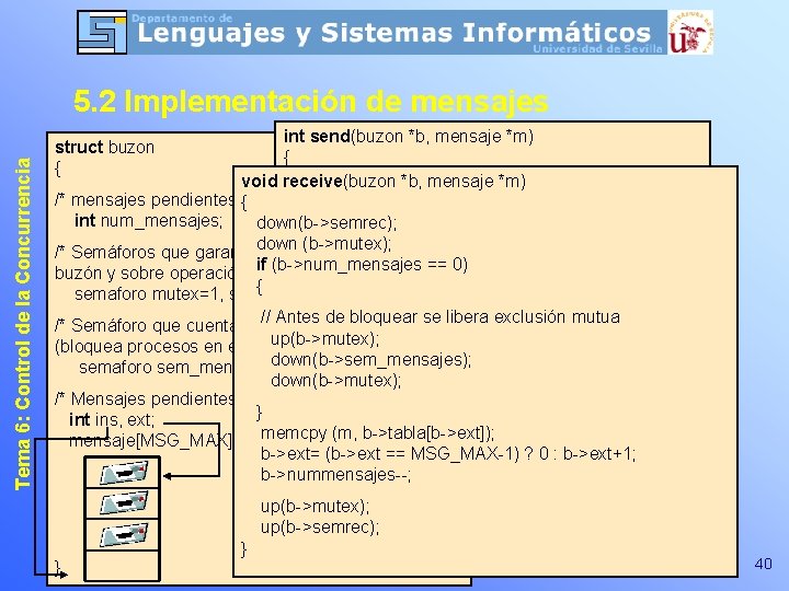 Tema 6: Control de la Concurrencia 5. 2 Implementación de mensajes int send(buzon *b,