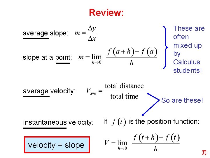 Review: These are often mixed up by Calculus students! average slope: slope at a