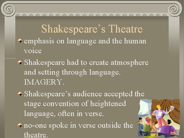 Shakespeare’s Theatre emphasis on language and the human voice Shakespeare had to create atmosphere
