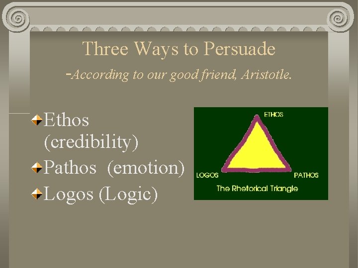 Three Ways to Persuade -According to our good friend, Aristotle. Ethos (credibility) Pathos (emotion)