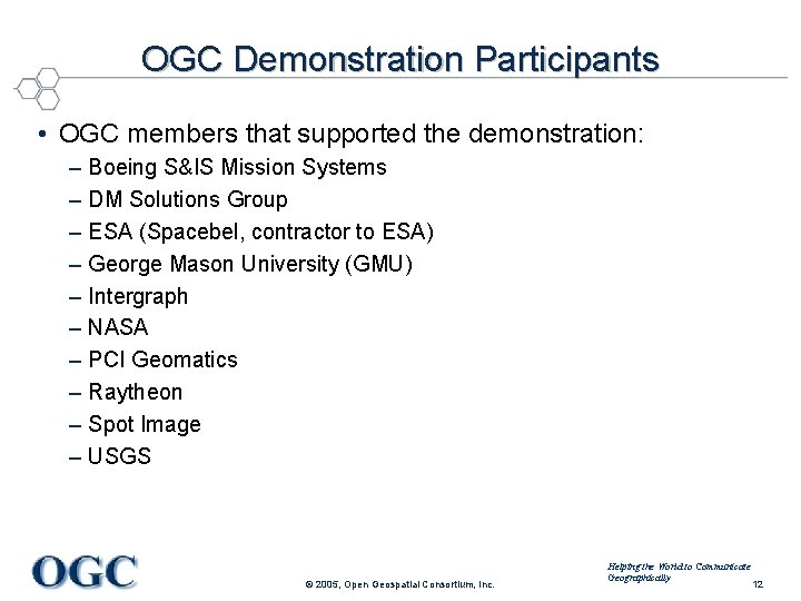 OGC Demonstration Participants • OGC members that supported the demonstration: – Boeing S&IS Mission