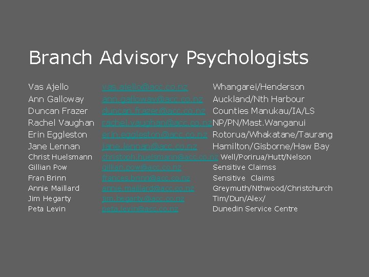 Branch Advisory Psychologists Vas Ajello Ann Galloway Duncan Frazer Rachel Vaughan Erin Eggleston Jane