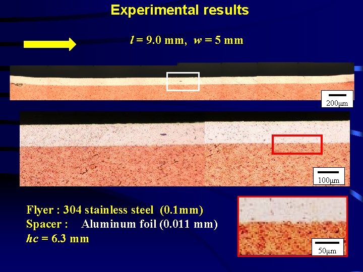 Experimental results l = 9. 0 mm, w = 5 mm 200μm 100μm Flyer