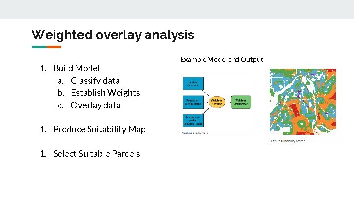 Weighted overlay analysis 1. Build Model a. Classify data b. Establish Weights c. Overlay