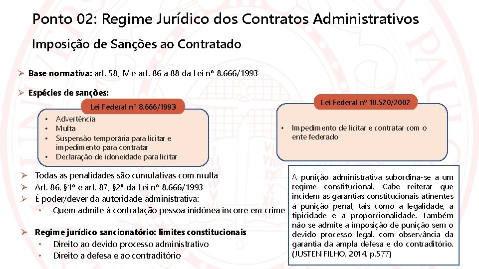 Ponto 02: Regime Jurídico dos Contratos Administrativos Imposição de Sanções ao Contratado Base normativa: