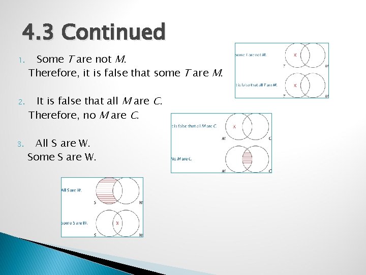 4. 3 Continued 1. 2. 3. Some T are not M. Therefore, it is