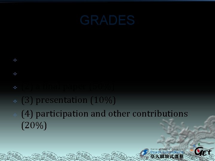 GRADES Grades will be made on (1) a mid-term paper (20%) (2) a final