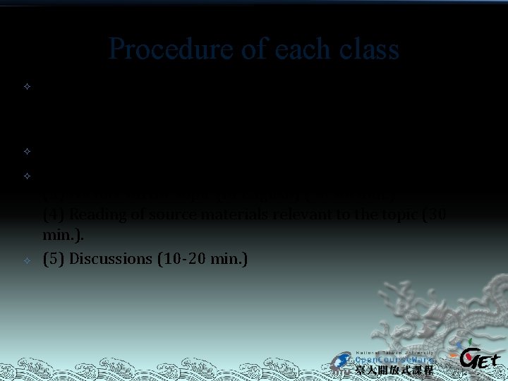 Procedure of each class Each class of this seminar will be proceeded in the