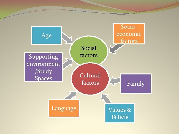 Age Supporting environment /Study Spaces Language Social factors Cultural factors Socioeconomic factors Family Values