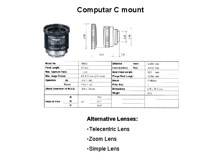 Computar C mount Alternative Lenses: • Telecentric Lens • Zoom Lens • Simple Lens