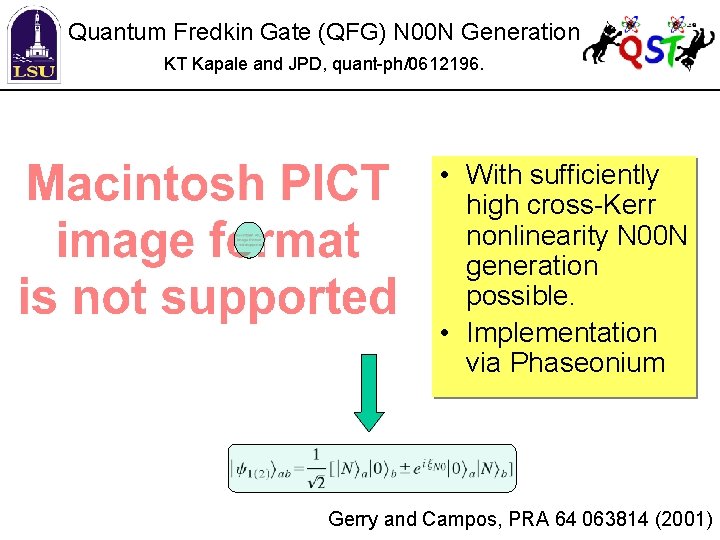 Quantum Fredkin Gate (QFG) N 00 N Generation KT Kapale and JPD, quant-ph/0612196. •