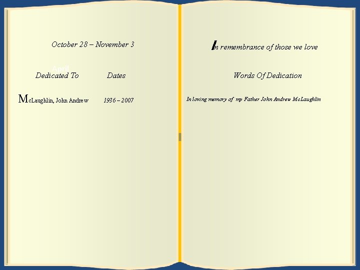 November October 28 4 – November 10 3 April Dedicated To Dates Mackay, c.
