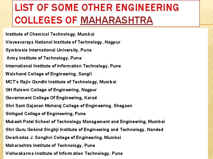 LIST OF SOME OTHER ENGINEERING COLLEGES OF MAHARASHTRA Institute of Chemical Technology, Mumbai Visvesvaraya