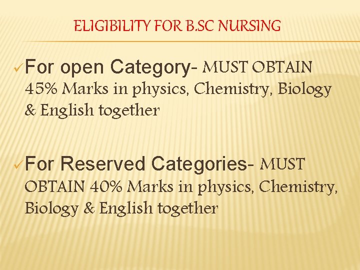 ELIGIBILITY FOR B. SC NURSING MUST OBTAIN 45% Marks in physics, Chemistry, Biology & ELIGIBILITY FOR B. SC NURSING MUST OBTAIN 45% Marks in physics, Chemistry, Biology &