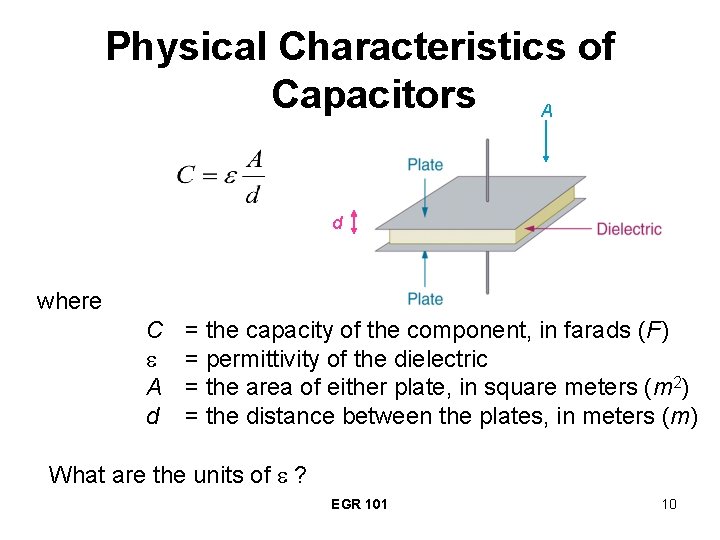 Physical Characteristics of Capacitors A d where C A d = the capacity of