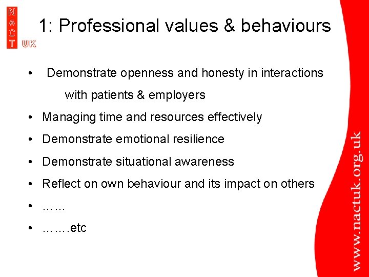 1: Professional values & behaviours • Demonstrate openness and honesty in interactions with patients