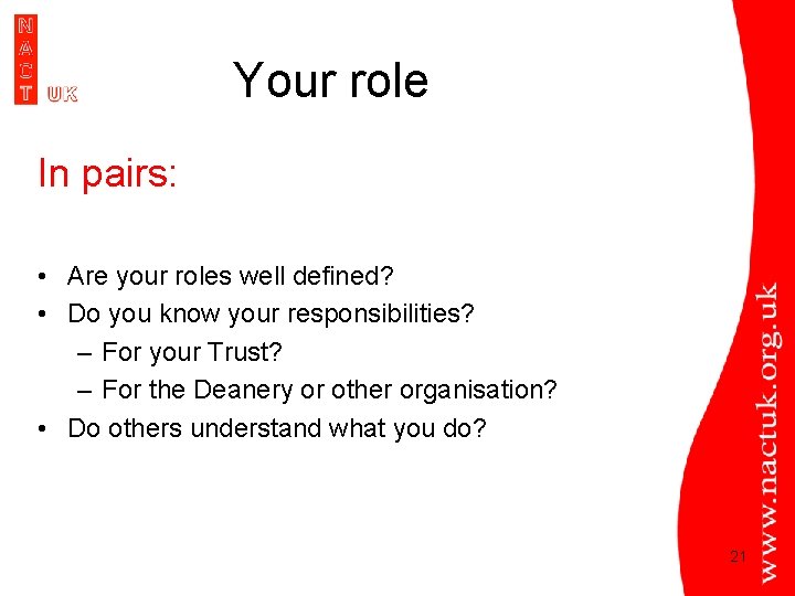 Your role In pairs: • Are your roles well defined? • Do you know