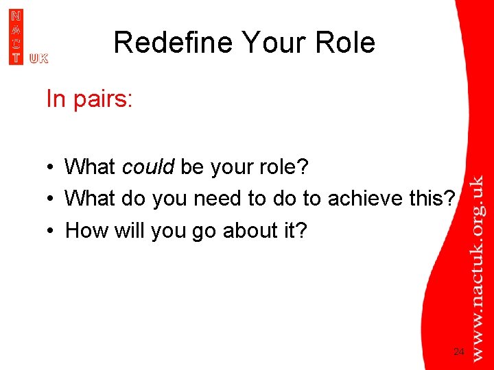 Redefine Your Role In pairs: • What could be your role? • What do