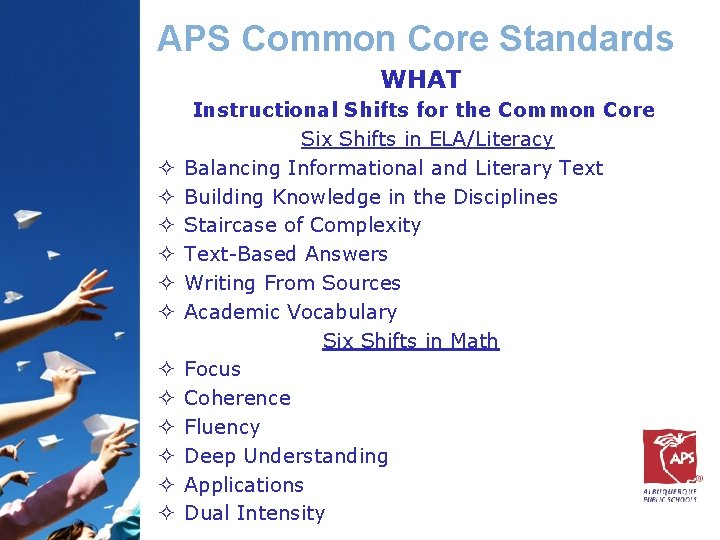 APS Common Core Standards WHAT ² ² ² Instructional Shifts for the Common Core