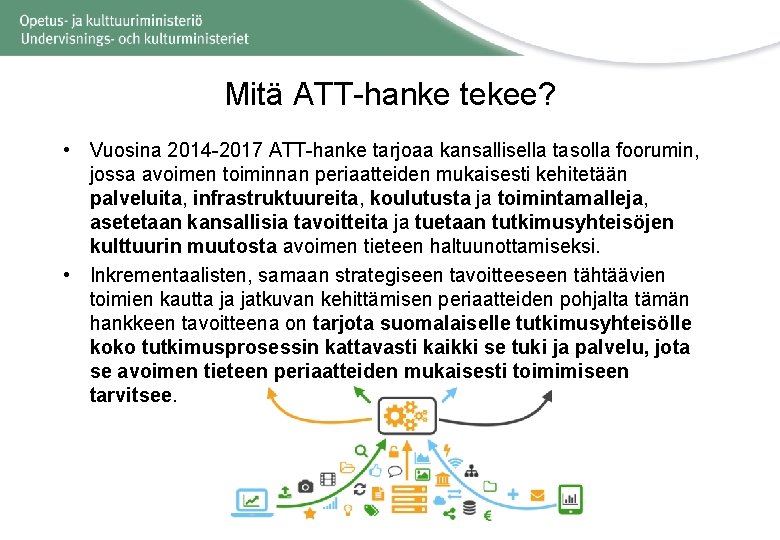 Mitä ATT-hanke tekee? • Vuosina 2014 -2017 ATT-hanke tarjoaa kansallisella tasolla foorumin, jossa avoimen