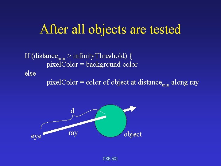 After all objects are tested If (distancemin > infinity. Threshold) { pixel. Color =