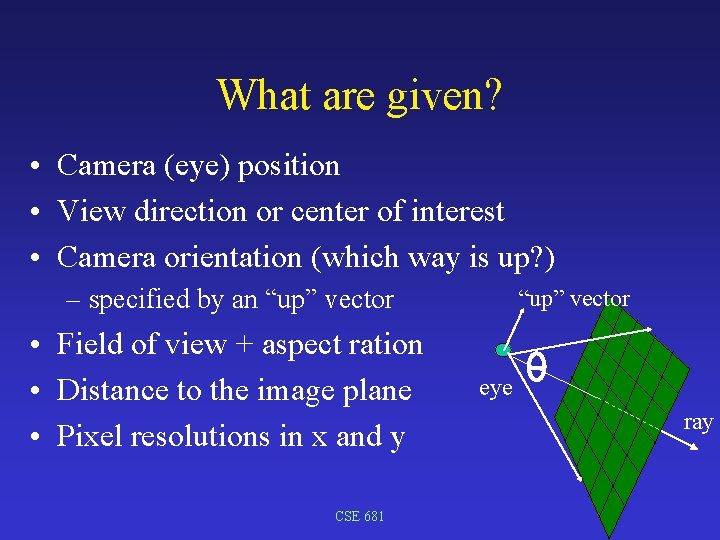 What are given? • Camera (eye) position • View direction or center of interest