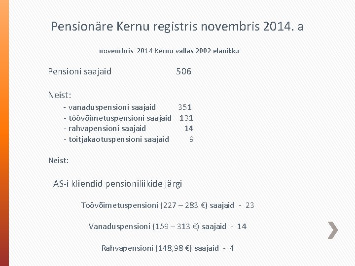 Pensionäre Kernu registris novembris 2014. a novembris 2014 Kernu vallas 2002 elanikku Pensioni saajaid