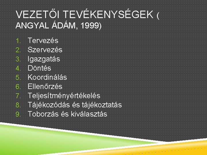 VEZETŐI TEVÉKENYSÉGEK ( ANGYAL ÁDÁM, 1999) 1. 2. 3. 4. 5. 6. 7. 8.