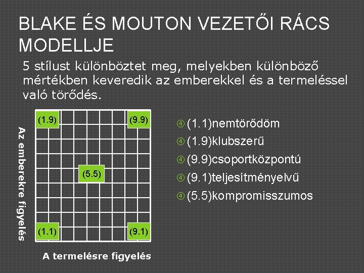 BLAKE ÉS MOUTON VEZETŐI RÁCS MODELLJE 5 stílust különböztet meg, melyekben különböző mértékben keveredik